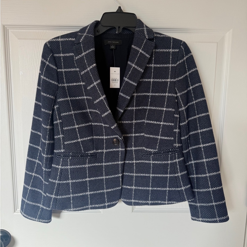 Ann Taylor Women's Navy and White Checkered Blazer